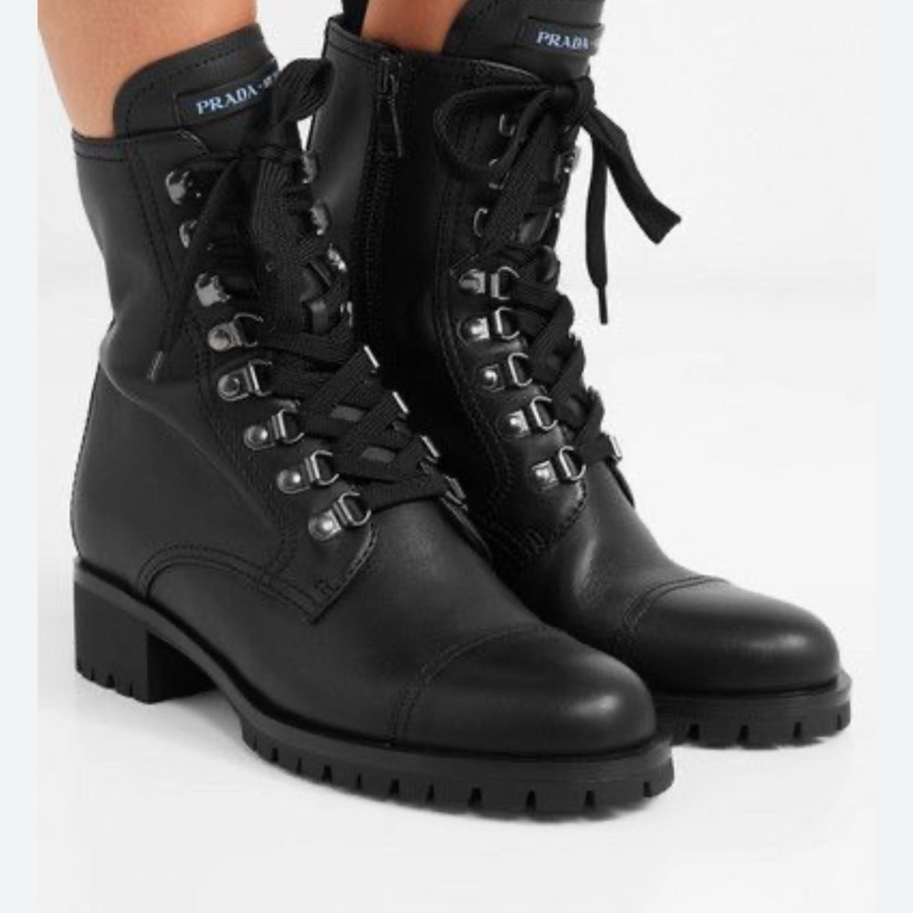 Prada Black Leather Combat Boots